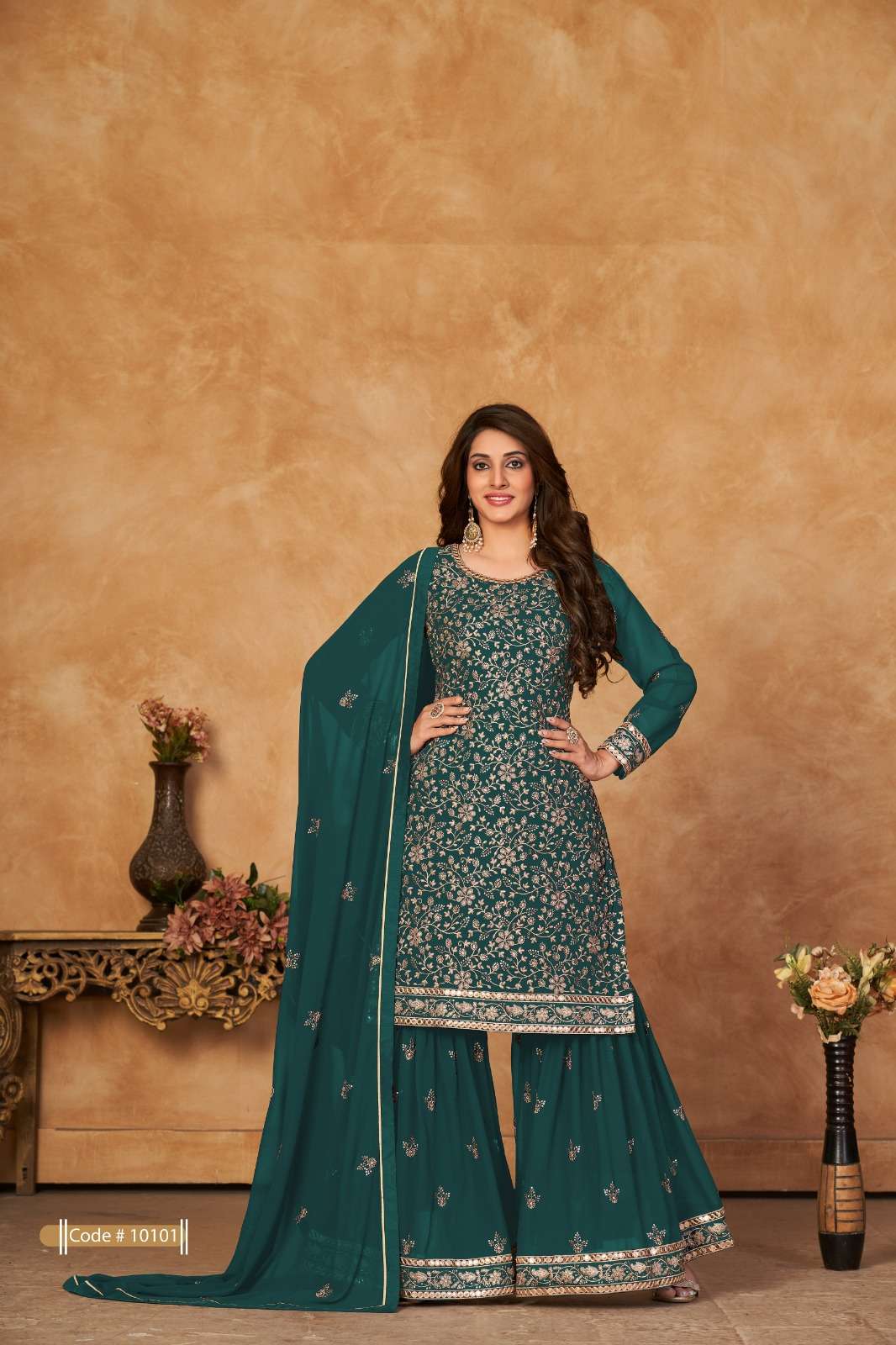 DESIGNER FANCY WEDDING PARTY WEAR FAUX GEORGETTE GREEN SHARARA SALWAR SUIT ANJUBAA 10101