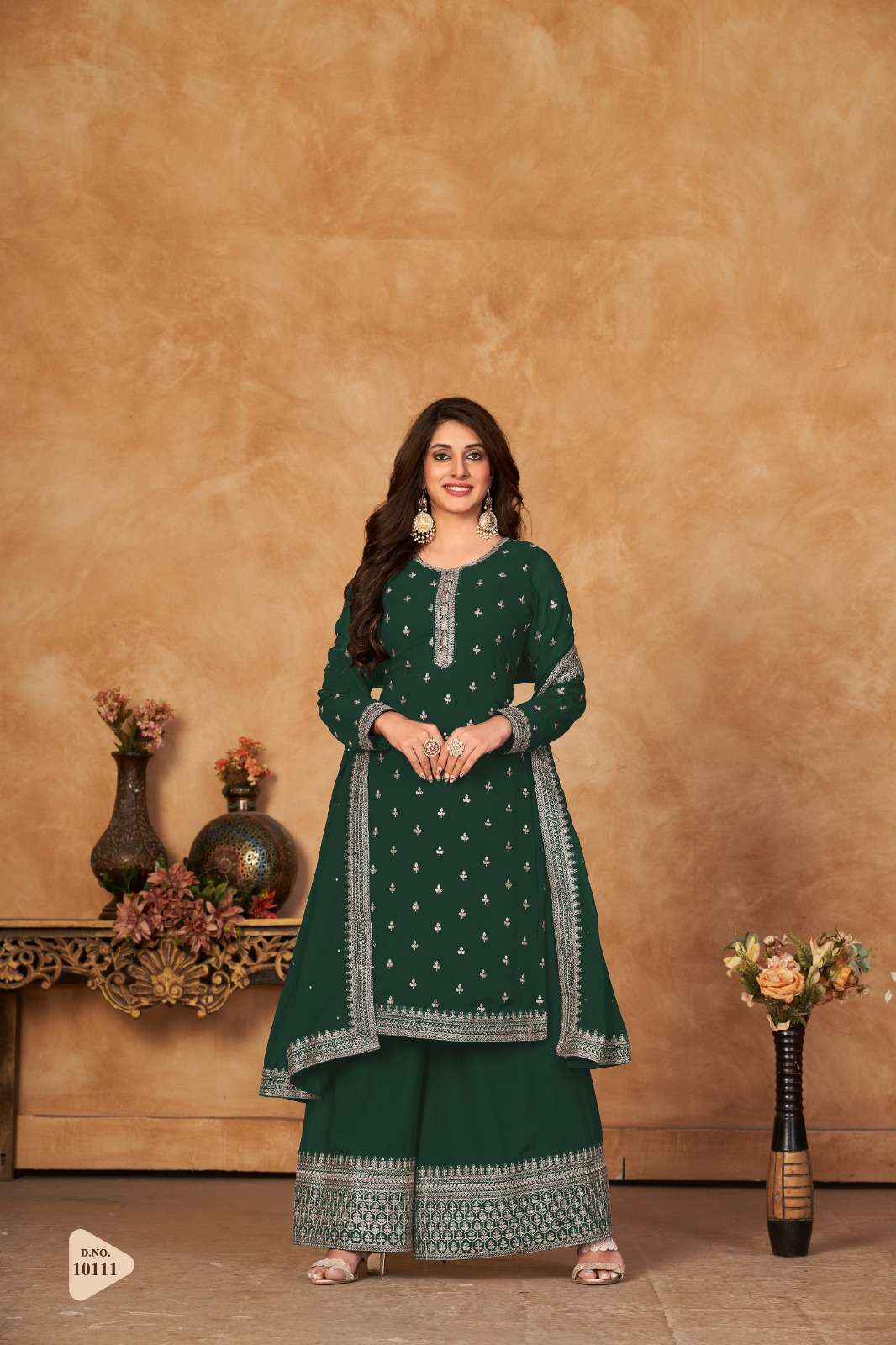 DESIGNER FANCY WEDDING PARTY WEAR FAUX GEORGETTE GREEN SHARARA SALWAR SUIT ANJUBAA 10111