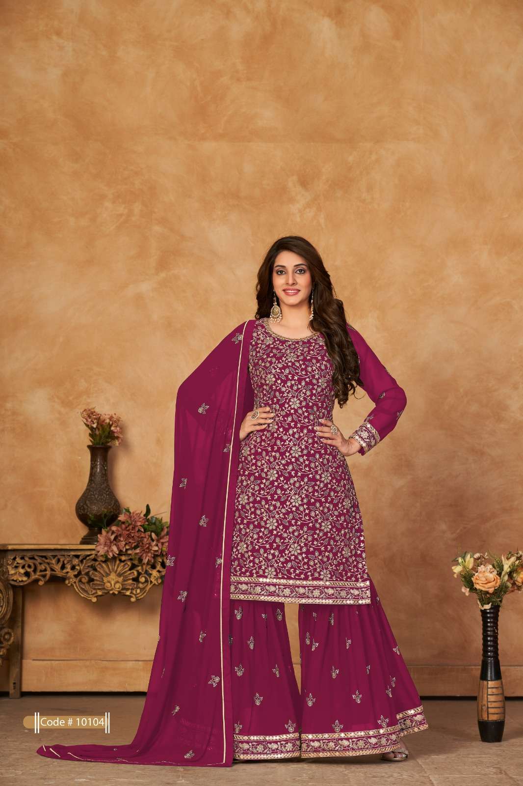 DESIGNER FANCY WEDDING PARTY WEAR FAUX GEORGETTE RANI PINK SHARARA SALWAR SUIT ANJUBAA 10104