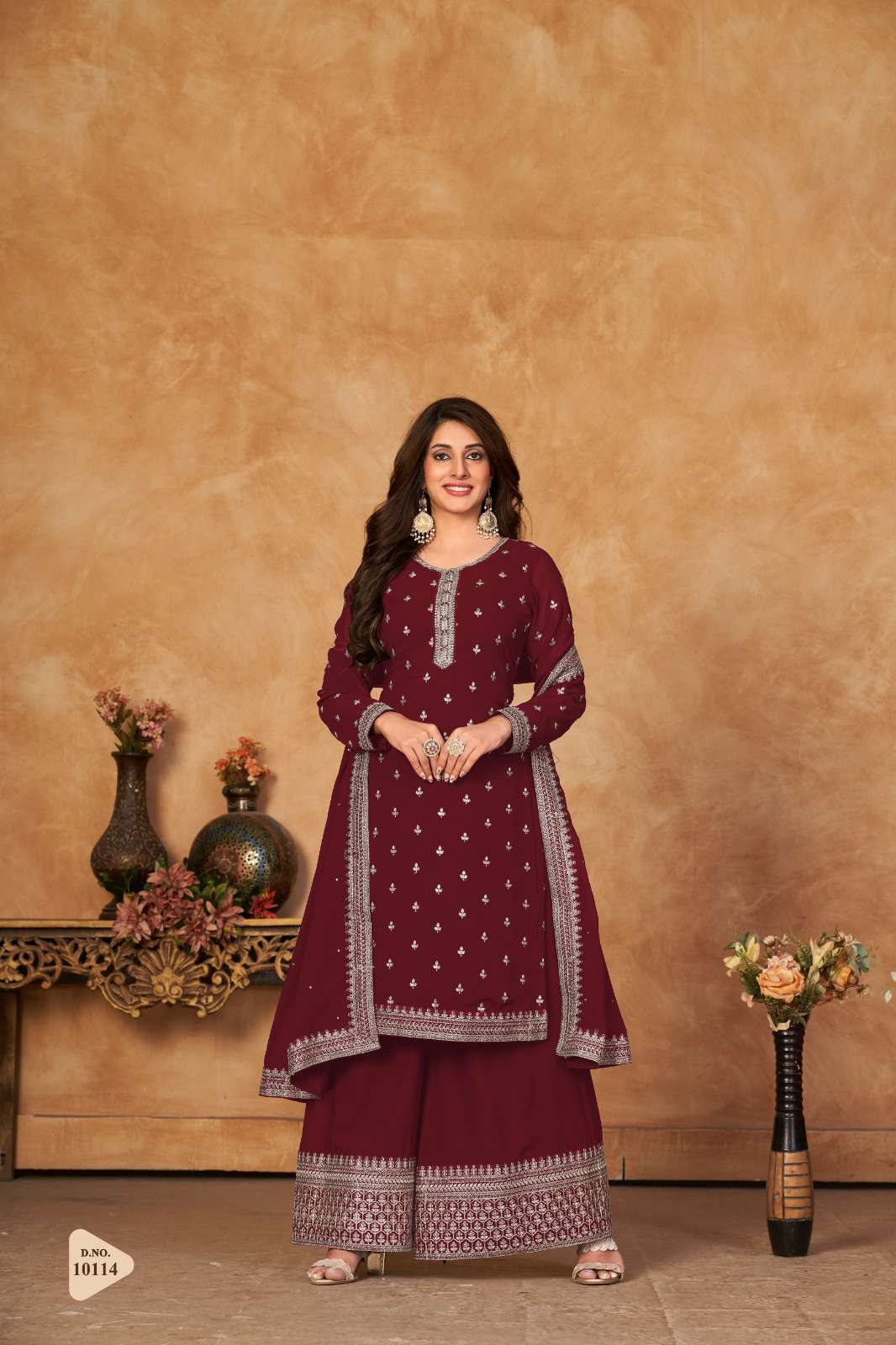 DESIGNER FANCY WEDDING PARTY WEAR FAUX GEORGETTE RED SHARARA SALWAR SUIT ANJUBAA 10114