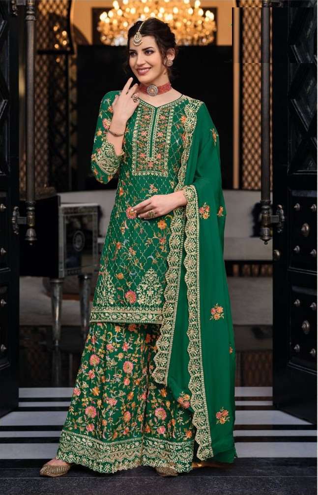 DESIGNER FANCY WEDDING PARTY WEAR GREEN GEORGETTE SHARARA SALWAR SUIT EB SHAGUN 1447A