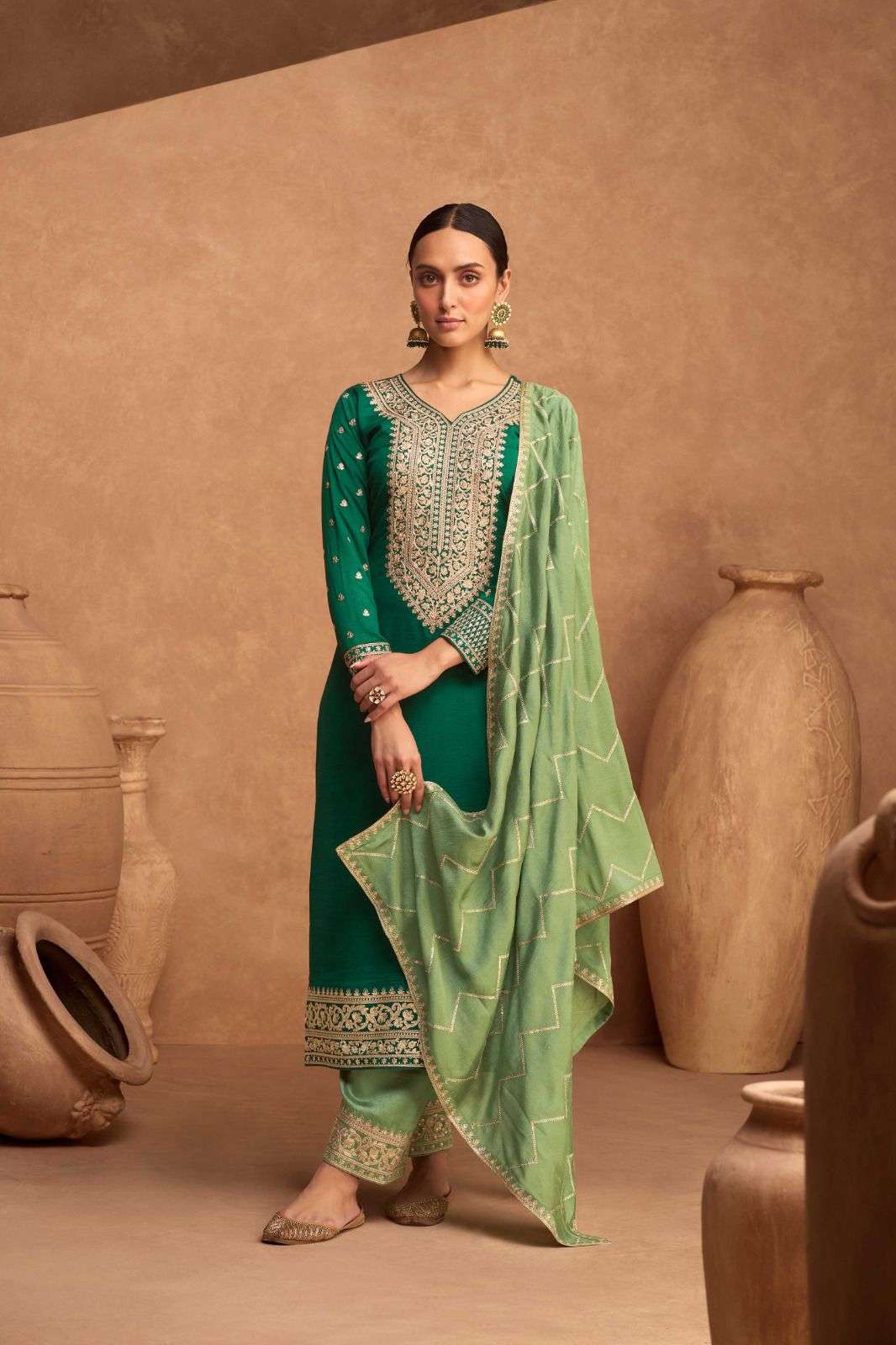 DESIGNER FANCY WEDDING PARTY WEAR GREEN SILK STRAIGHT SALWAR SUIT AF KESARIYA 9482