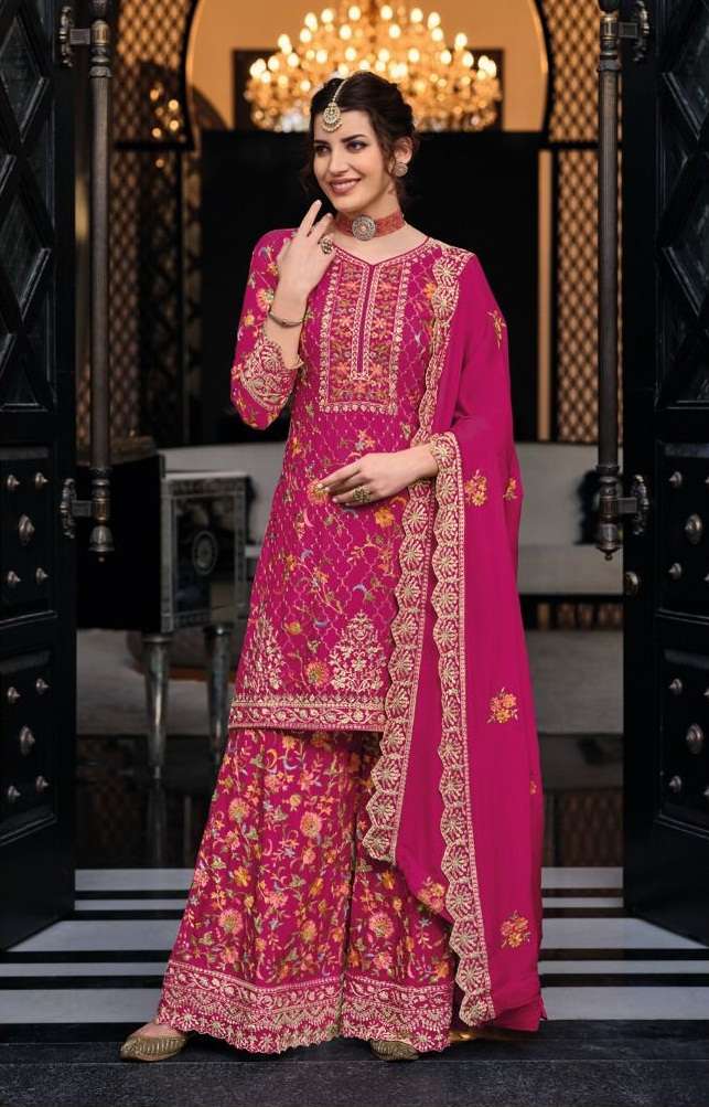 DESIGNER FANCY WEDDING PARTY WEAR PINK GEORGETTE SHARARA SALWAR SUIT EB SHAGUN 1447