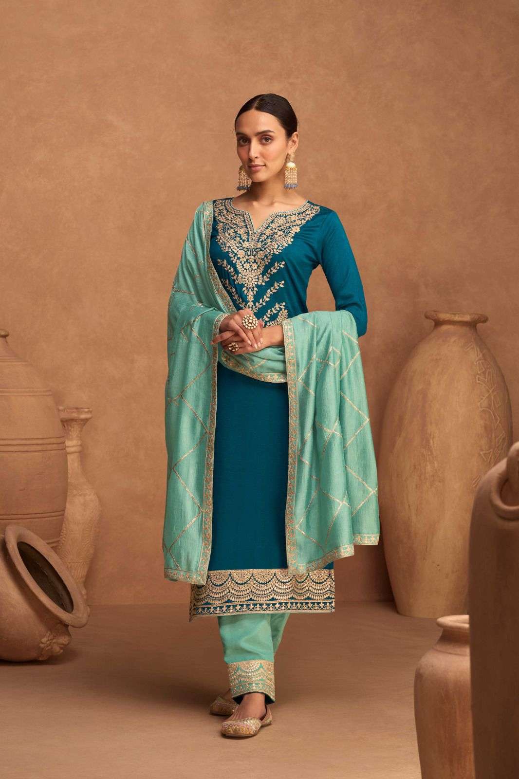 DESIGNER FANCY WEDDING PARTY WEAR RAMA BLUE SILK STRAIGHT SALWAR SUIT AF KESARIYA 9484