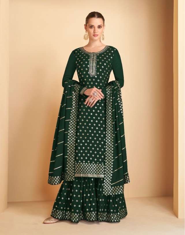 DESIGNER FANCY WEDDING PARTY WEAR REAL GEORGETTE GREEN SHARARA SALWAR SUIT GULKARIYA 7173D