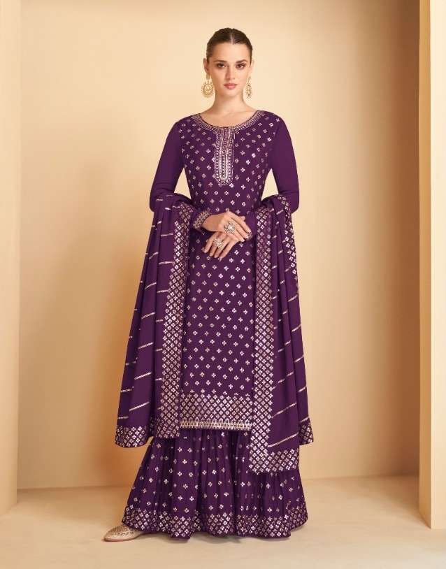 DESIGNER FANCY WEDDING PARTY WEAR REAL GEORGETTE PURPLE SHARARA SALWAR SUIT GULKARIYA 7173B