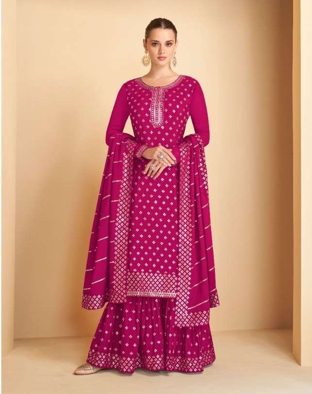 DESIGNER FANCY WEDDING PARTY WEAR REAL GEORGETTE RANI PINK SHARARA SALWAR SUIT GULKARIYA 7173E