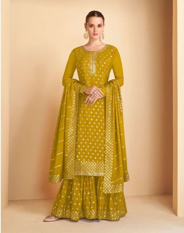 DESIGNER FANCY WEDDING PARTY WEAR REAL GEORGETTE YELLOW SHARARA SALWAR SUIT GULKARIYA 7173C