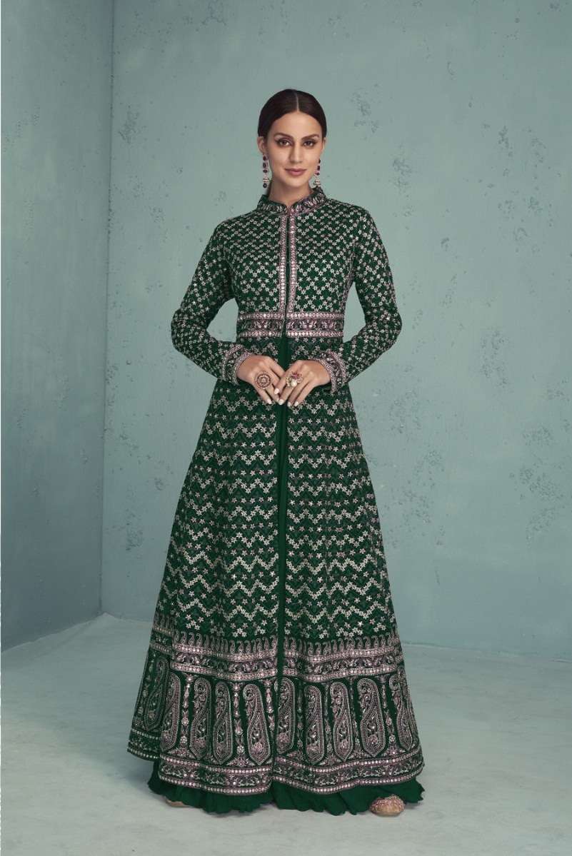 DESIGNER GREEN ANARKALI GOWN SALWAR SUIT FOR WEDDING PARTY WEAR IN FAUX GEORGETTE FABRIC JG FLOSSY 774C