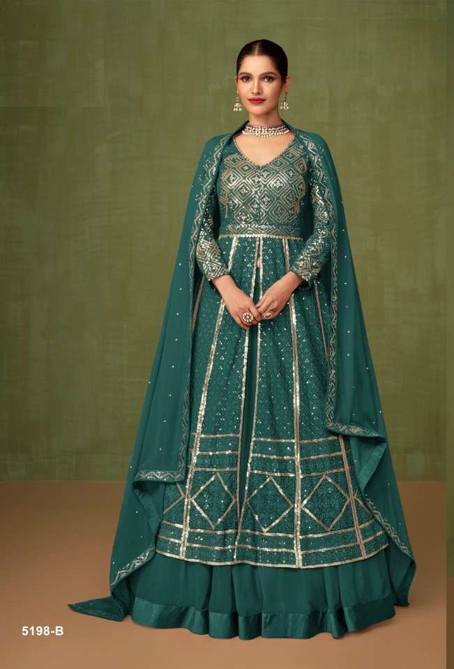 DESIGNER GREEN ANARKALI SKIRT GOWN STYLE SALWAR SUIT FOR WEDDING PARTY WEAR IN FAUX GEORGETTE FABRIC JG SAYURI 5198B