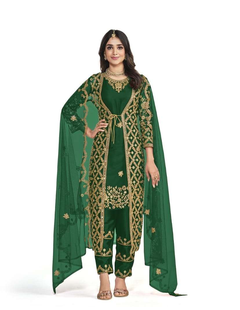 DESIGNER GREEN SILK KOTI SALWAR SUIT NEW DESIGN SHREEMATEE FASHION 174B