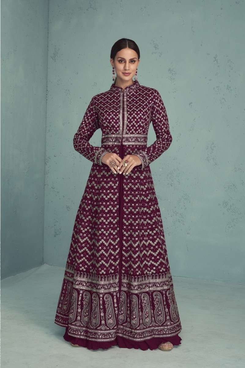 DESIGNER MAROON ANARKALI GOWN SALWAR SUIT FOR WEDDING PARTY WEAR IN FAUX GEORGETTE FABRIC JG FLOSSY 774D