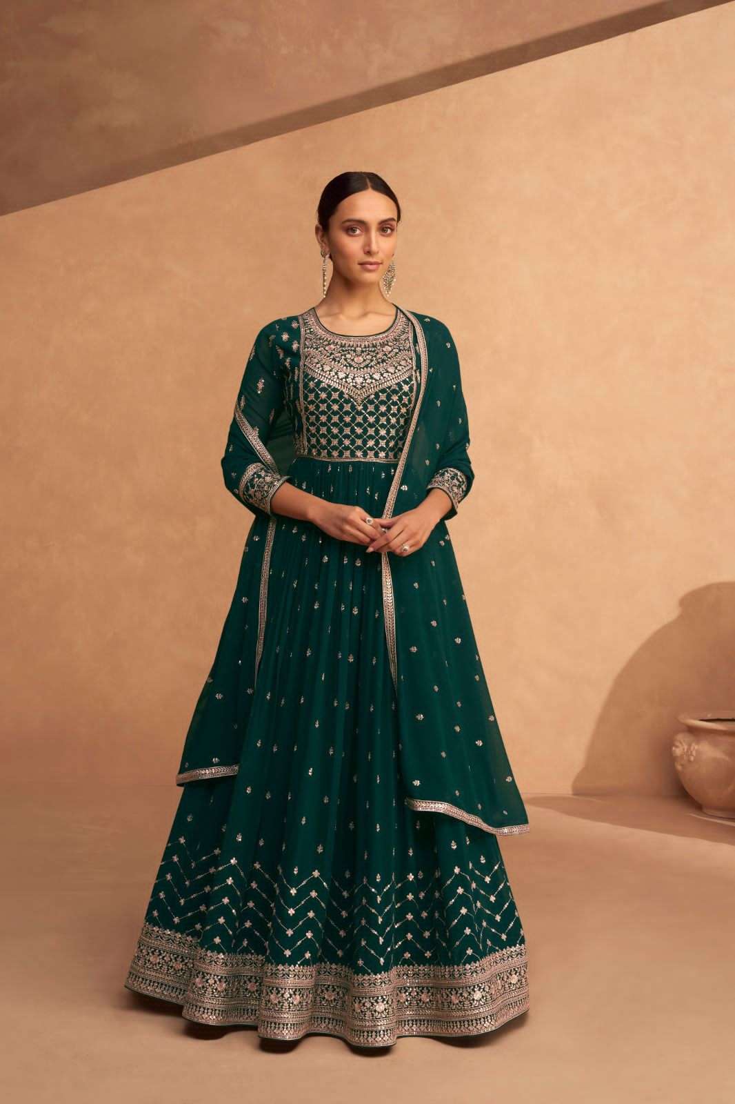 DESIGNER PARTY WEAR GREEN ANARKALI GEORGETTE SALWAR SUIT AF LEELA 9488