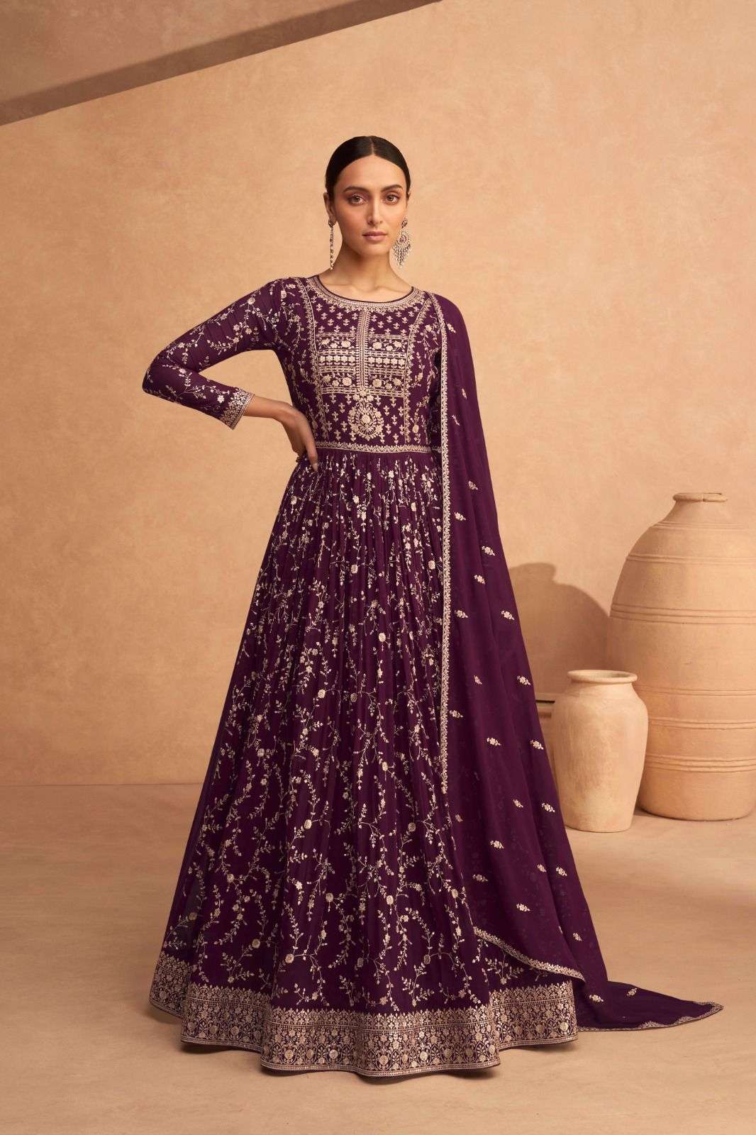 DESIGNER PARTY WEAR PURPLE WINE ANARKALI GEORGETTE SALWAR SUIT AF LEELA 9487