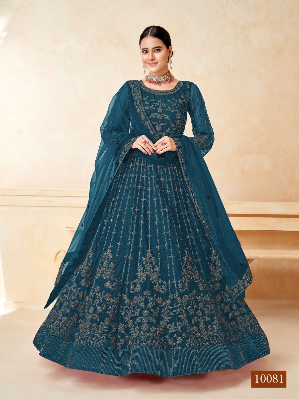 DESIGNER RAMA BLUE ANARKALI GOWN SALWAR SUIT FOR WEDDING PARTY WEAR IN NET FABRIC ANY ANJUBAA 10081