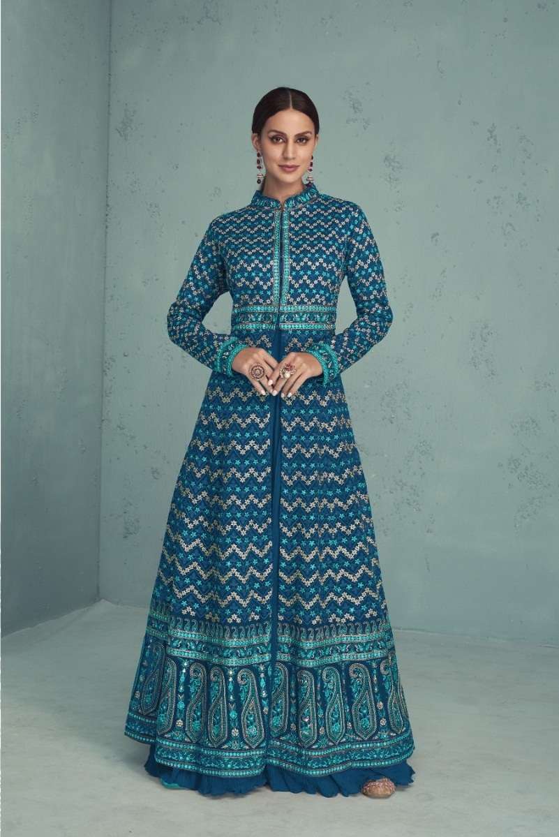 DESIGNER RAMA BLUE ANARKALI GOWN SALWAR SUIT FOR WEDDING PARTY WEAR IN FAUX GEORGETTE FABRIC JG FLOSSY 774B