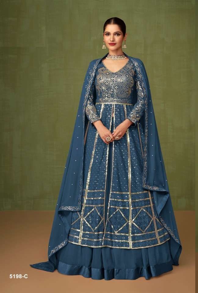 DESIGNER RAMA BLUE ANARKALI SKIRT GOWN STYLE SALWAR SUIT FOR WEDDING PARTY WEAR IN FAUX GEORGETTE FABRIC JG SAYURI 5198C