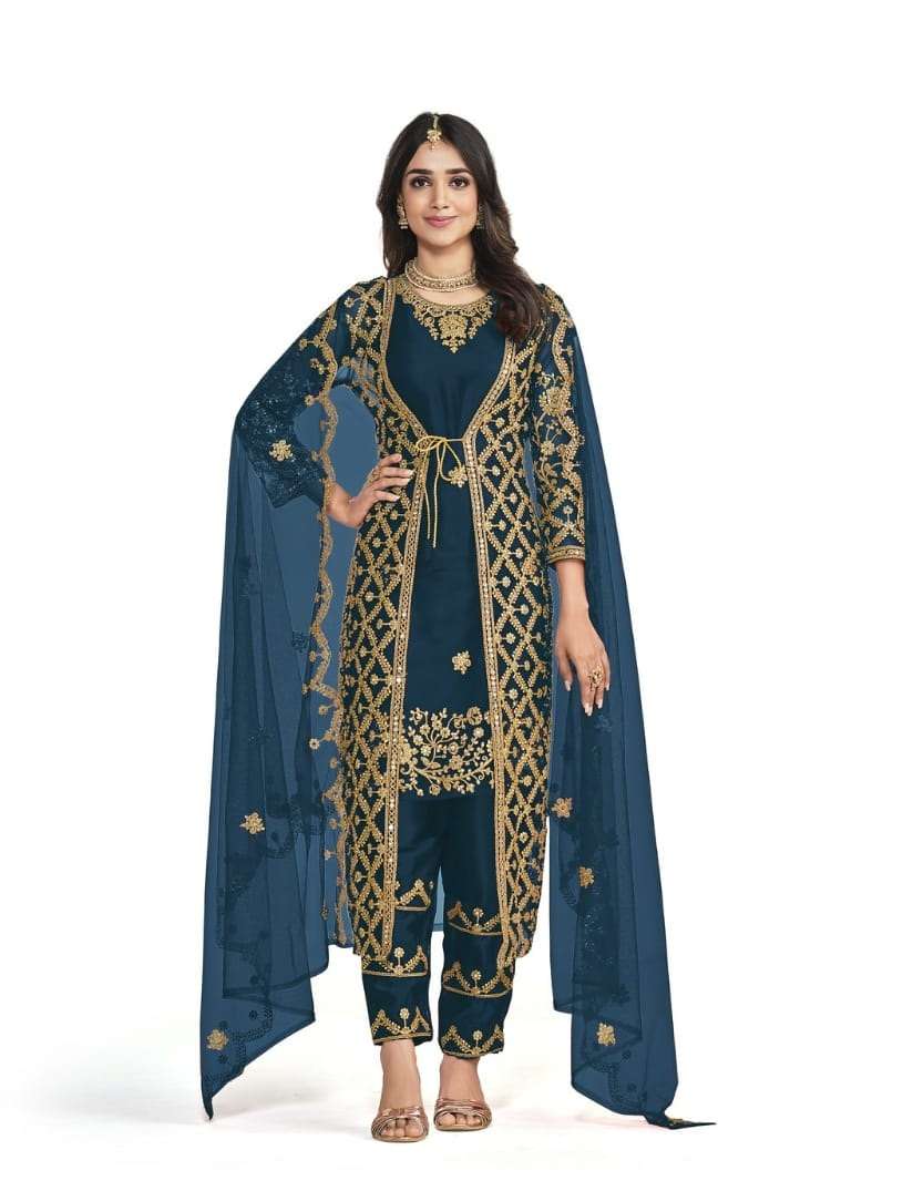 DESIGNER RAMA BLUE SILK KOTI SALWAR SUIT NEW DESIGN SHREEMATEE FASHION 174C