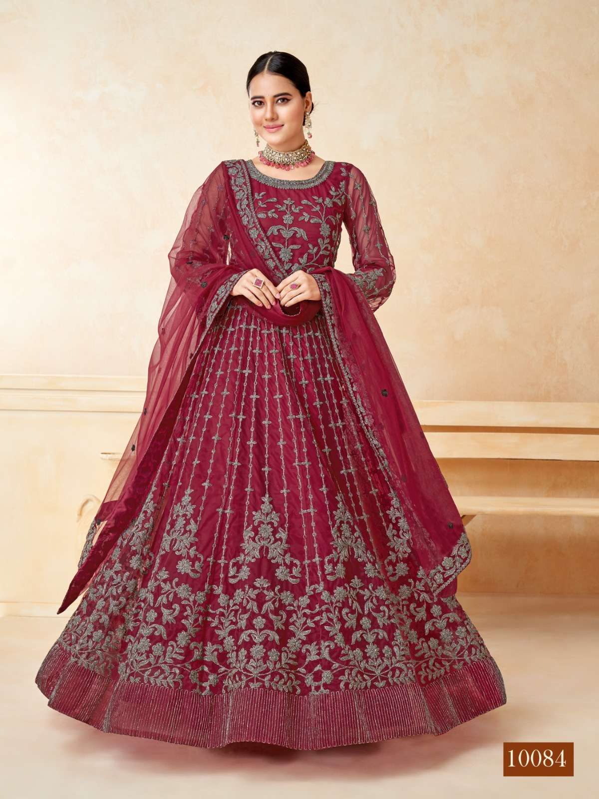 DESIGNER RED ANARKALI GOWN SALWAR SUIT FOR WEDDING PARTY WEAR IN NET FABRIC ANY ANJUBAA 10084