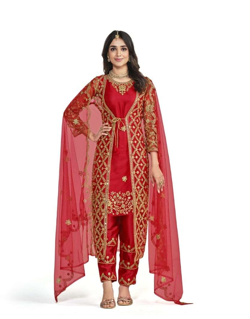 DESIGNER RED SILK KOTI SALWAR SUIT NEW DESIGN SHREEMATEE FASHION 174A