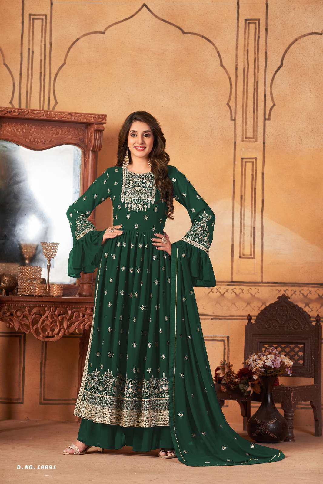 DESIGNER TRENDY GREEN NAYRA CUT SALWAR SUIT FOR WEDDING PARTY WEAR IN GEORGETTE FABRIC ANJUBAA 10091