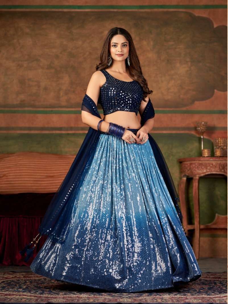 DESIGNER TRENDY STYLISH FANCY WEDDING PARTY WEAR BLUE HAND WORK LEHENGA CHOLI IN GEORGETTE FABRIC SM AAKRUT 3001