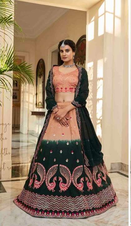 DESIGNER TRENDY STYLISH FANCY WEDDING PARTY WEAR ORANGE GREEN ART SILK LEHENGA CHOLI KF BRIDESMAID 2265