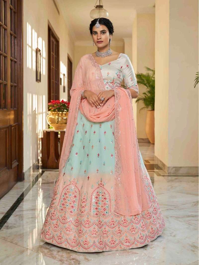 DESIGNER TRENDY STYLISH FANCY WEDDING PARTY WEAR SKY PEACE ART SILK LEHENGA CHOLI KF BRIDESMAID 2261