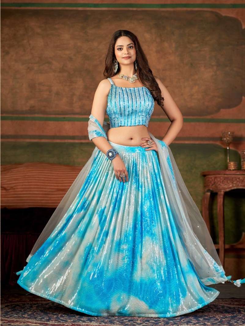 DESIGNER TRENDY STYLISH FANCY WEDDING PARTY WEAR SKY BLUE HAND WORK LEHENGA CHOLI IN GEORGETTE FABRIC SM AAKRUT 3002