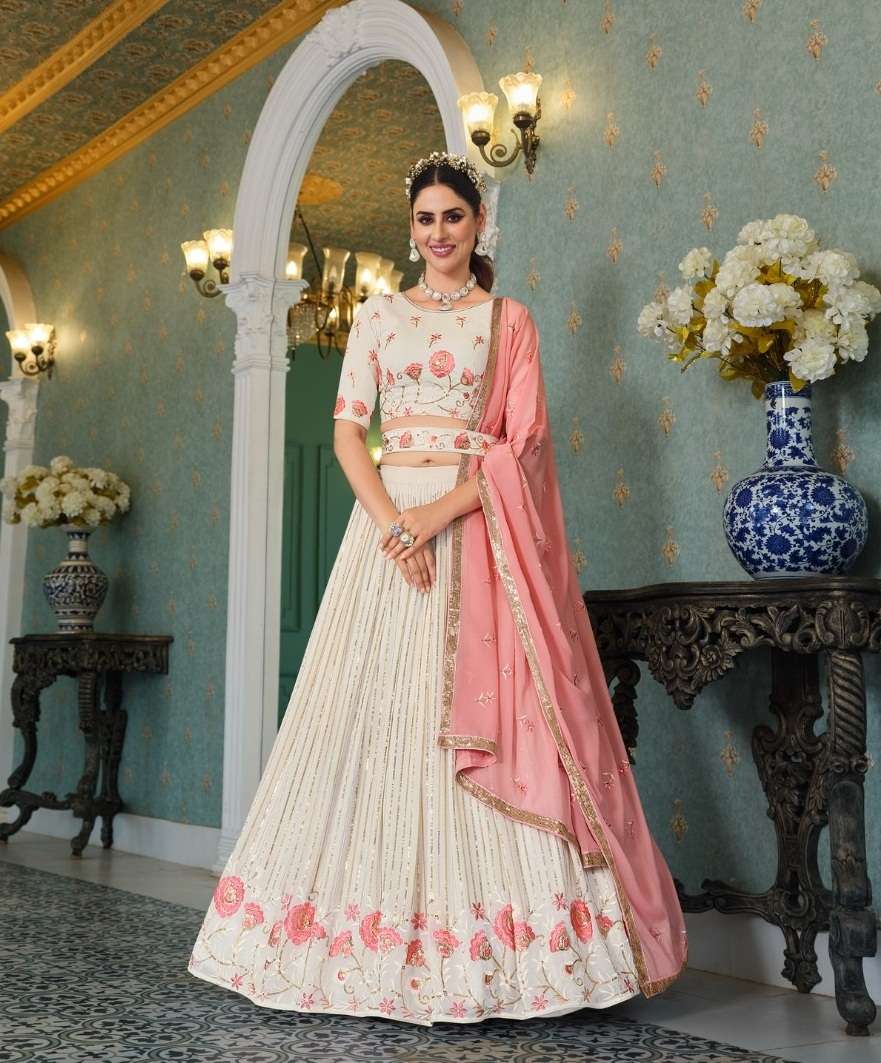 DESIGNER TRENDY STYLISH FANCY WEDDING PARTY WEAR WHITE LEHENGA CHOLI IN GEORGETTE FABRIC KF GIRLISH 174