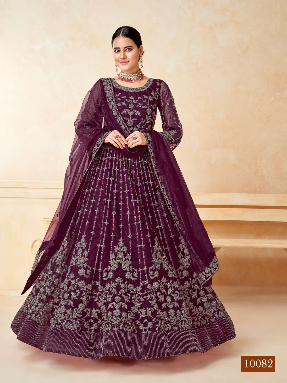 DESIGNER WINE ANARKALI GOWN SALWAR SUIT FOR WEDDING PARTY WEAR IN NET FABRIC ANY ANJUBAA 10082