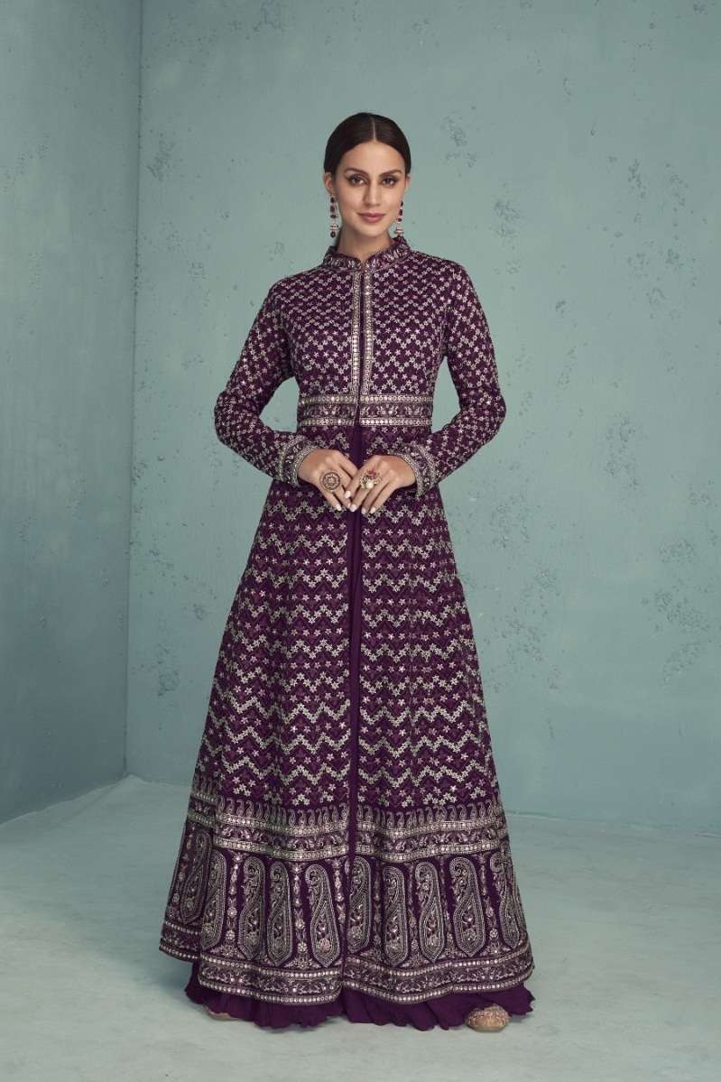 DESIGNER WINE ANARKALI GOWN SALWAR SUIT FOR WEDDING PARTY WEAR IN FAUX GEORGETTE FABRIC JG FLOSSY 774A