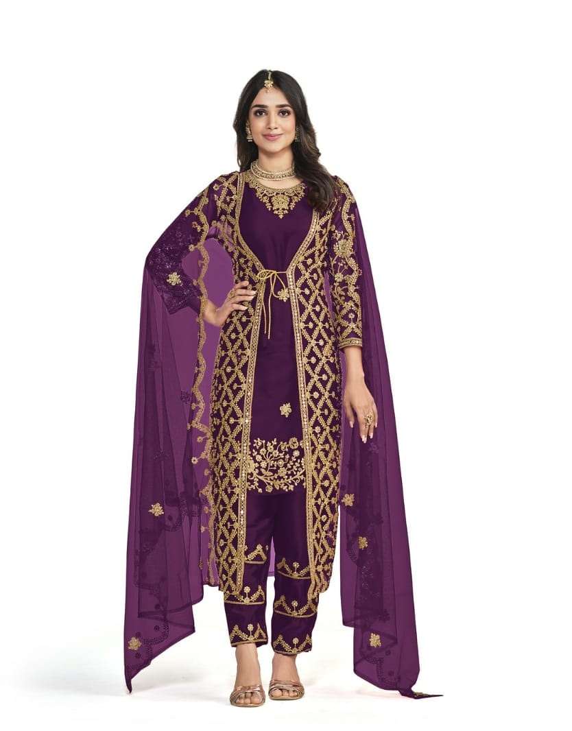 DESIGNER WINE SILK KOTI SALWAR SUIT NEW DESIGN SHREEMATEE FASHION 174D