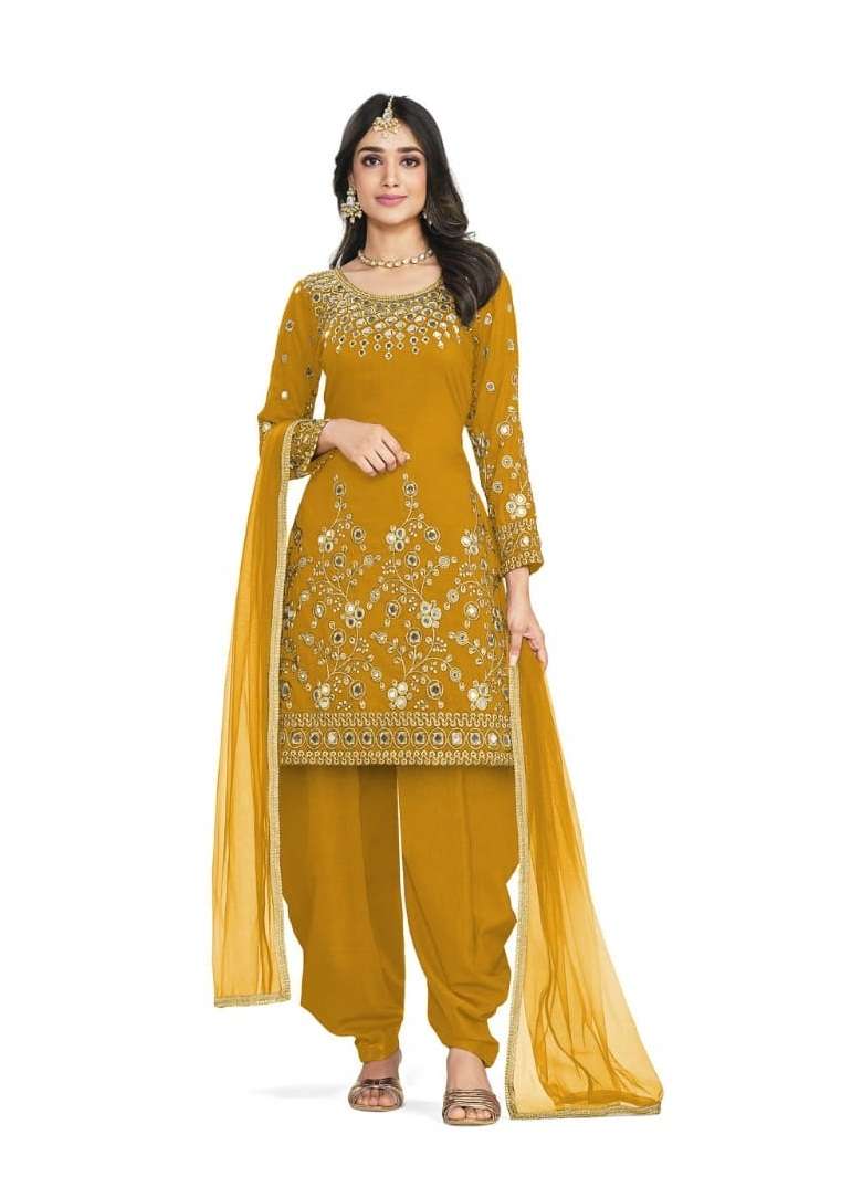 DESIGNER YELLOW SILK PATIYALA SALWAR SUIT NEW DESIGN SHREEMATEE FASHION 172A