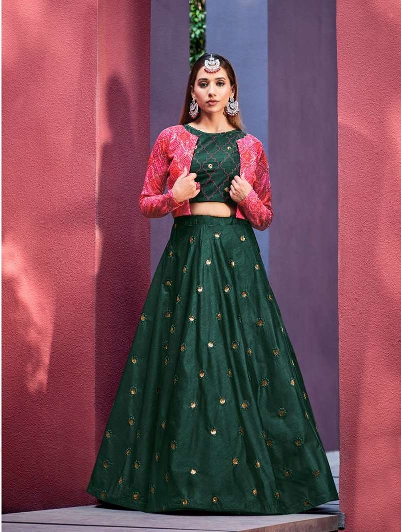 GREEN DESIGNER FANCY WESTERN WEAR CROP TOP KOTI BLOUSE LEHENGA STYLE EXCLUSIVE COLLECTION SHIVALI KF GIRLY 2245