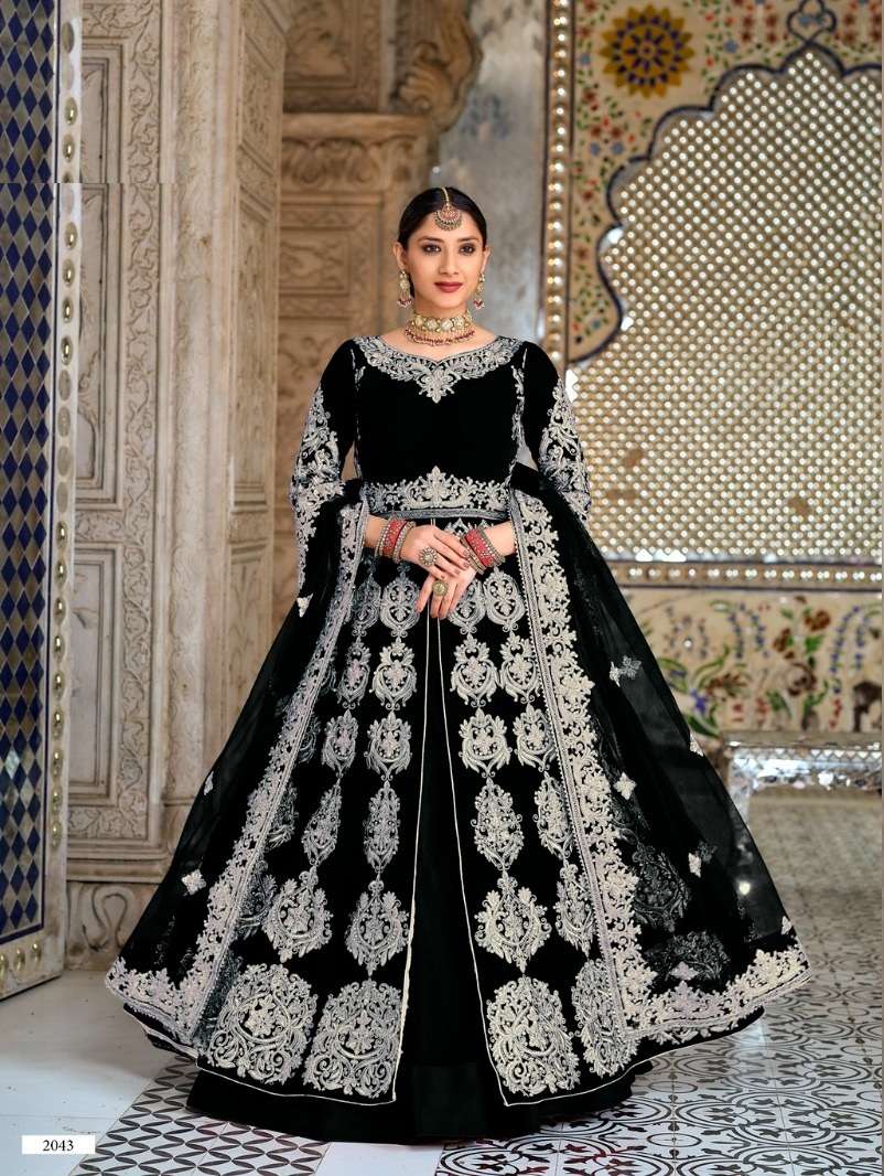 INDIAN DESIGNER FANCY WEDDING PARTY WEAR LONG BLACK ANARKALI SALWAR SUIT IN VELVET FABRIC SENHORA DRESSES 2043D