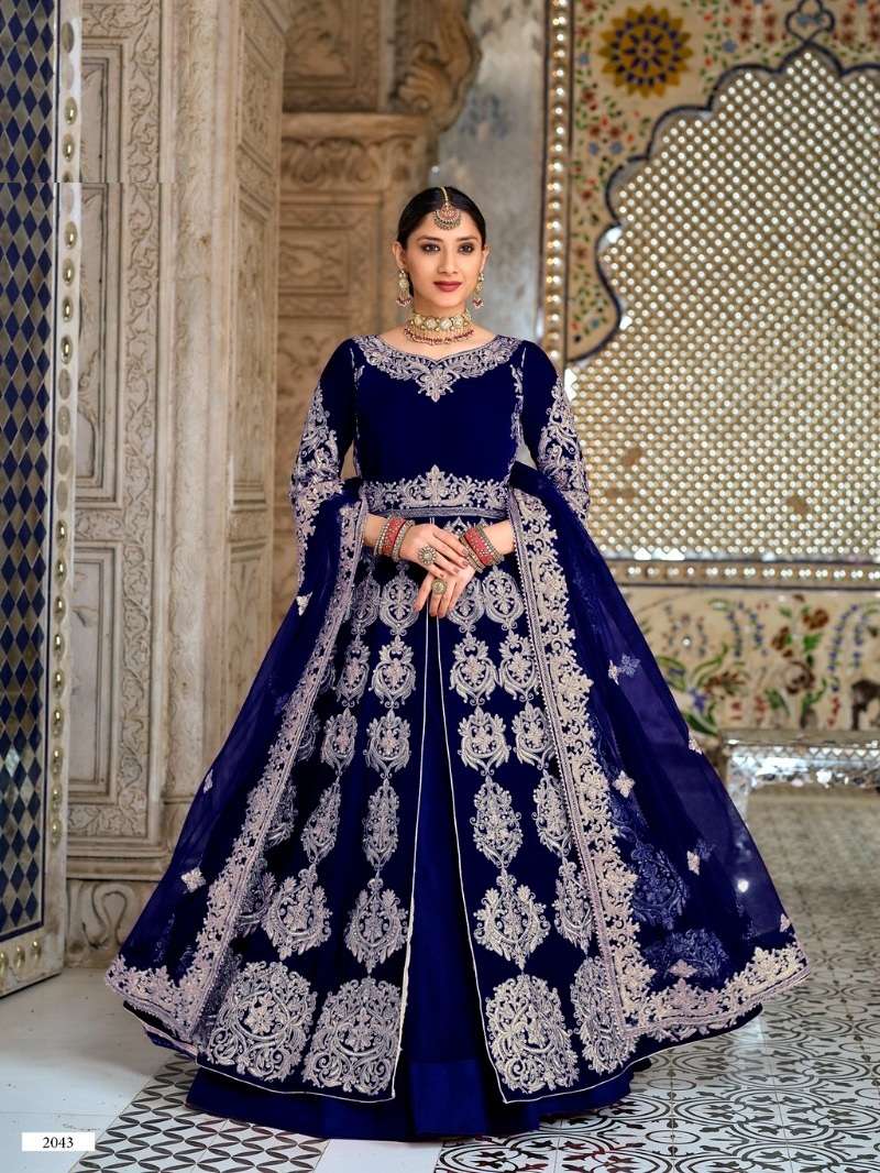 INDIAN DESIGNER FANCY WEDDING PARTY WEAR LONG BLUE ANARKALI SALWAR SUIT IN VELVET FABRIC SENHORA DRESSES 2043C