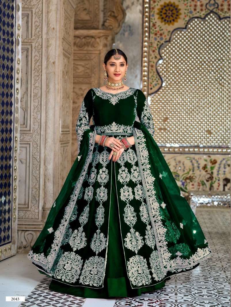 INDIAN DESIGNER FANCY WEDDING PARTY WEAR LONG GREEN ANARKALI SALWAR SUIT IN VELVET FABRIC SENHORA DRESSES 2043B