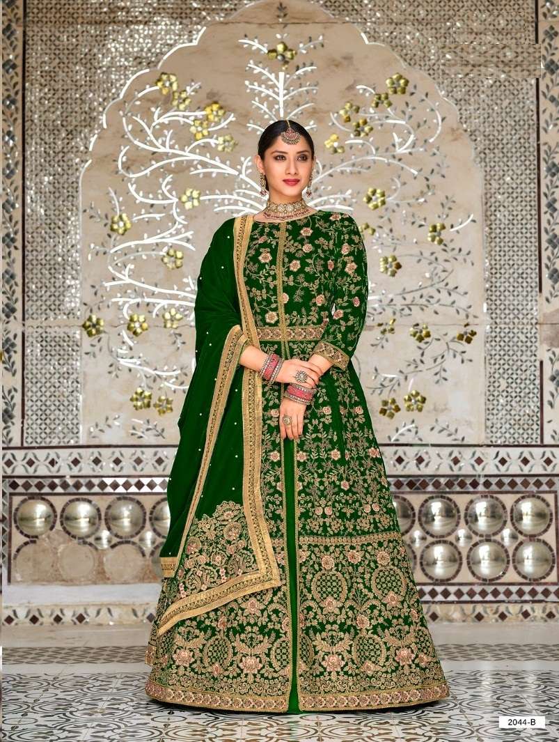 INDIAN DESIGNER FANCY WEDDING PARTY WEAR LONG GREEN ANARKALI SALWAR SUIT IN VELVET FABRIC SENHORA DRESSES 2044