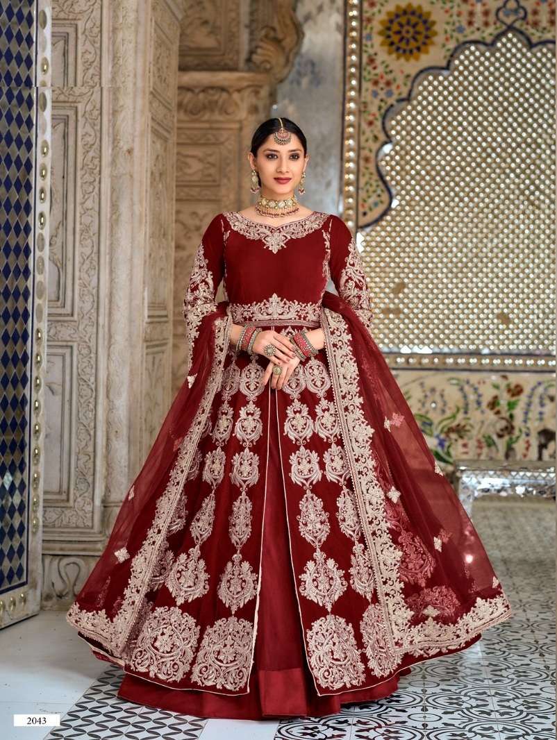 INDIAN DESIGNER FANCY WEDDING PARTY WEAR LONG MAROON ANARKALI SALWAR SUIT IN VELVET FABRIC SENHORA DRESSES 2043A