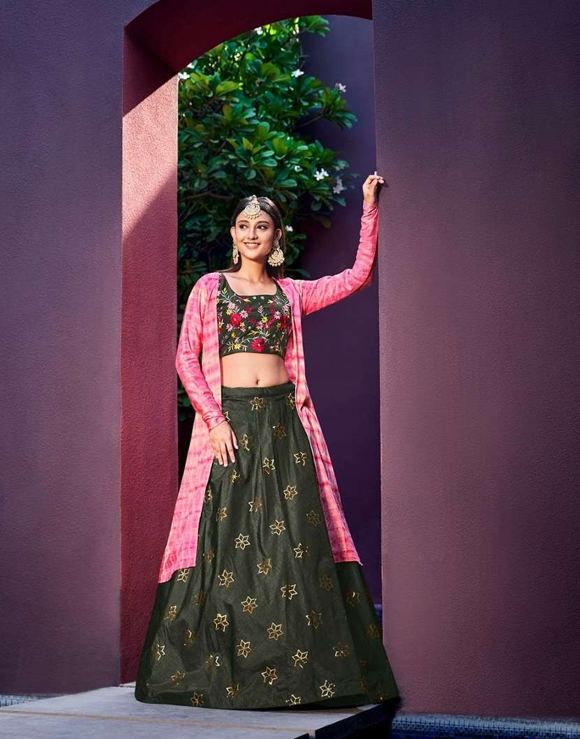OLIVE GREEN DESIGNER FANCY WESTERN WEAR CROP TOP KOTI BLOUSE LEHENGA STYLE EXCLUSIVE COLLECTION SHIVALI KF GIRLY 2244