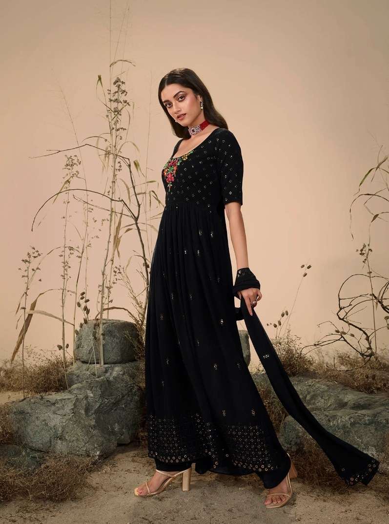 READY TO WEAR DESIGNER FANCY PARTY WEAR LONG BLACK ANARKALI GOWN STYLE GEORGETTE SALWAR SUIT KF FLORY 4828