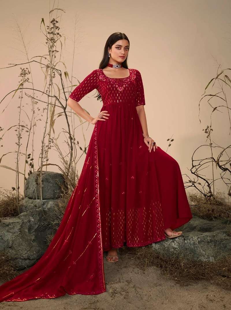 READY TO WEAR DESIGNER FANCY PARTY WEAR LONG MAROON ANARKALI GOWN STYLE GEORGETTE SALWAR SUIT KF FLORY 4824