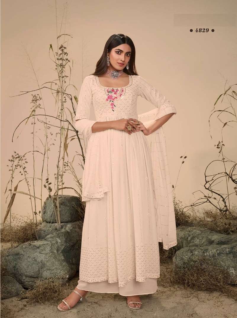 READY TO WEAR DESIGNER FANCY PARTY WEAR LONG OFF WHITE ANARKALI GOWN STYLE GEORGETTE SALWAR SUIT KF FLORY 4829