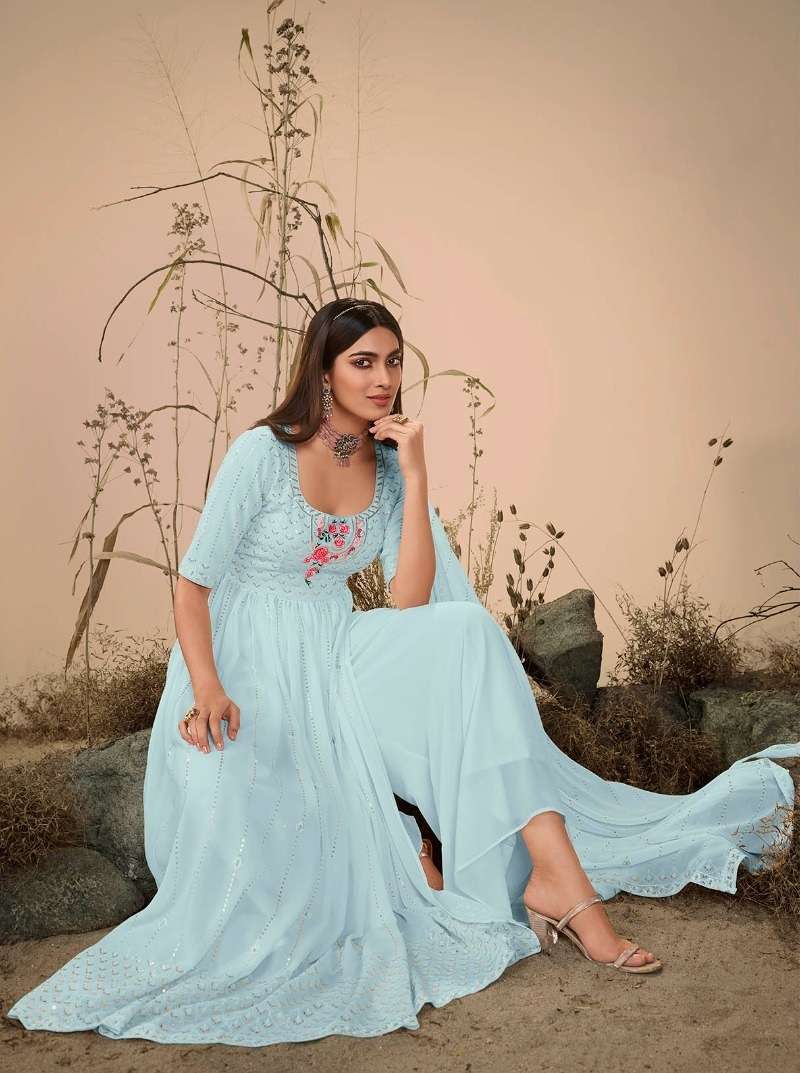 READY TO WEAR DESIGNER FANCY PARTY WEAR LONG SKY BLUE ANARKALI GOWN STYLE GEORGETTE SALWAR SUIT KF FLORY 4830