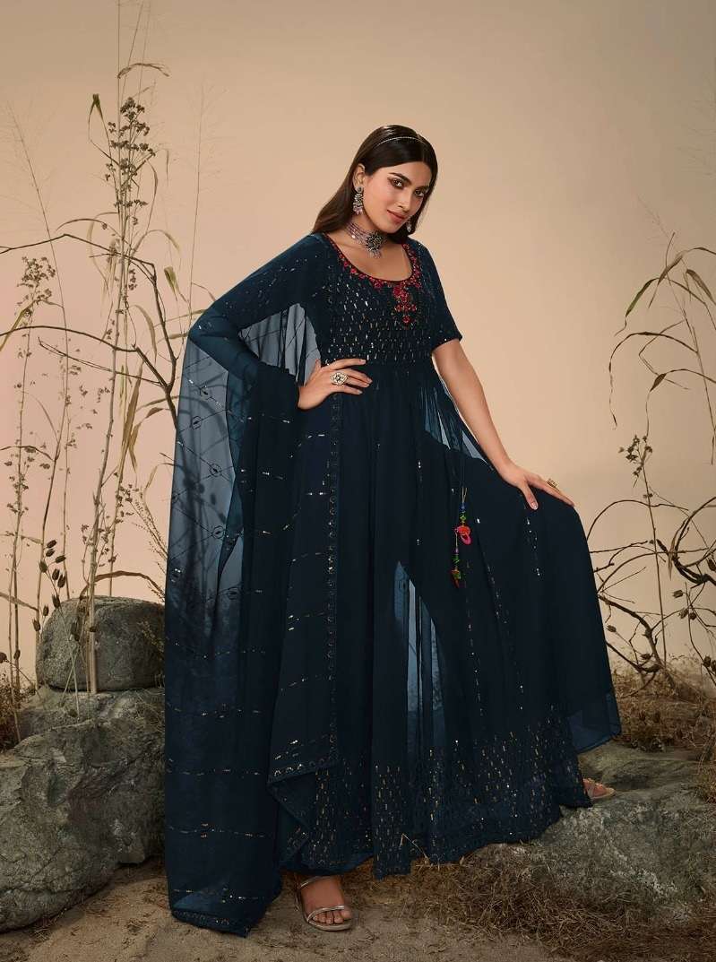 READY TO WEAR DESIGNER FANCY PARTY WEAR LONG TEAL BLUE ANARKALI GOWN STYLE GEORGETTE SALWAR SUIT KF FLORY 4823