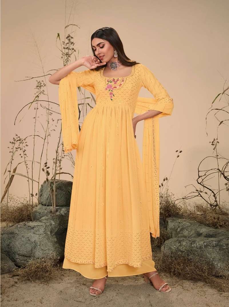 READY TO WEAR DESIGNER FANCY PARTY WEAR LONG YELLOW ANARKALI GOWN STYLE GEORGETTE SALWAR SUIT KF FLORY 4831