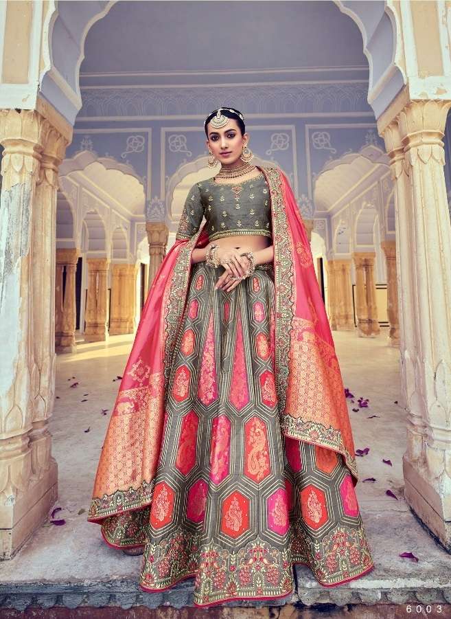 BEST DESIGNER GREY BRIDAL WEDDING PARTY WEAR HEAVY PURE SILK LEHENGA CHOLI SM TATHASTU 6003