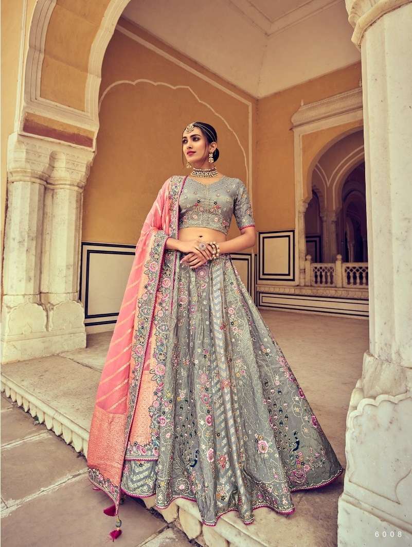 BEST DESIGNER GREY BRIDAL WEDDING PARTY WEAR HEAVY PURE SILK LEHENGA CHOLI SM TATHASTU 6008