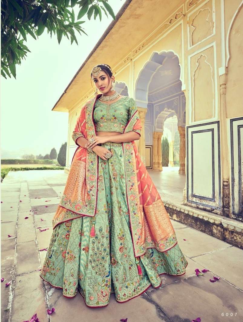 BEST DESIGNER PISTA BRIDAL WEDDING PARTY WEAR HEAVY PURE SILK LEHENGA CHOLI SM TATHASTU 6007